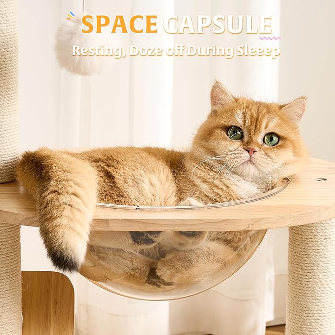 HITTITE Solid Wood Cat Tree Tower with Scratching Post, 36.6 Inches Tall Cat Towers with Scratching Board and Scratcher Ball, Modern Cat Tower With Space Capsule and Hand-Woven Basket for Indoor Cats.