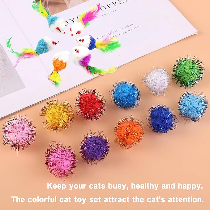 Cat Toys Assortment - Interactive Kitten Toy Bundle with Sparkle Pom Pom Balls, Crinkle Balls & Spring Toys for Indoor Cats(38-Pack)