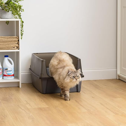 IRIS USA XX-Large Open Top Cat Litter Box with High Sided Walls Tall Scatter Shield Scoop Included Easy Clean Plastic Pan for Big Cats Kittens Multi-Cat Households 30" L x 20" W x 14" H Gray