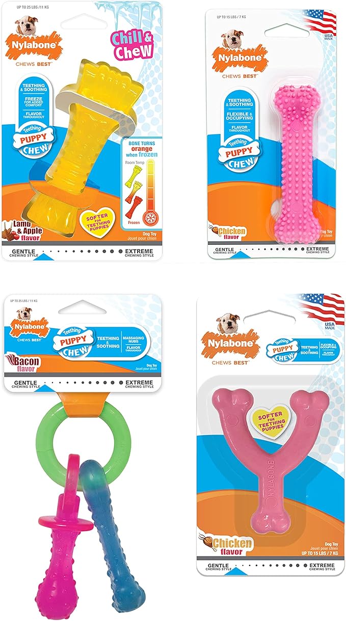 Nylabone New Puppy Chew Toy Bundle, Toys for Teething Puppies, Chicken & Bacon Flavors, Pink, X-Small - Up to 15 lbs, 4 Pack