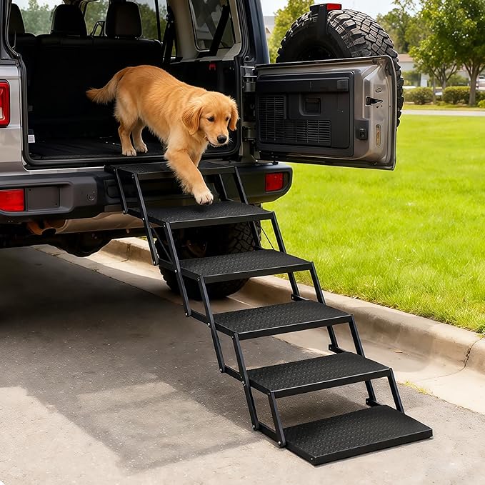 Foldable Dog Car Steps - Upgraded Non-Slip Pet Stairs for Large Dogs, Portable Metal Frame Dog Ramps for High SUV, Truck and Cars, Lightweight Pet Ladder with High Load-Bearing Capacity，Up to 350Lbs