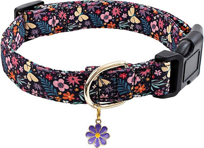 Faygarsle Cotton Designer Dogs Collar Cute Flower Dog Collars for Girl Female Small Medium Large Dogs with Purple Flower Charms XS