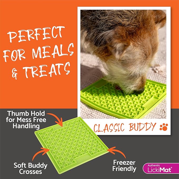LickiMat Classic Buddy Slow Feeder for Dogs Lick Mat Boredom Anxiety Reducer Perfect for Food Treats Yogurt Liquid Food Peanut Butter Fun Alternative to a Slow Feed Dog Bowl, Green