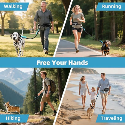 Hands Free Dog Leash with Pouch, Waist Leash for Dog Walking, Jogging, Hiking, Retractable Leashes with Dual Padded Handles, Adjustable Reflective Belt for Small, Medium, Large Dogs