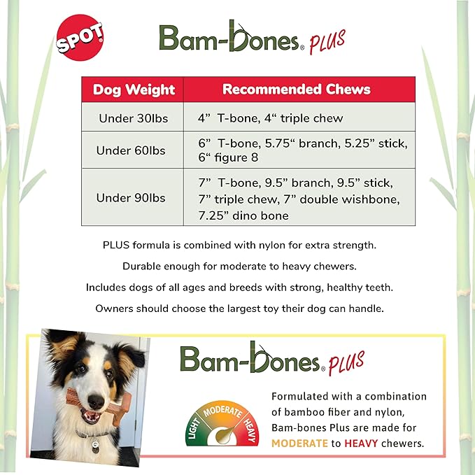 SPOT Bam-Bones Plus Triple Chew Dog Toy, Durable Bamboo Fiber & Nylon, for Aggressive Chewers, Adult Dogs & Teething Puppies Under 30lbs, 4in, Bison Flavor