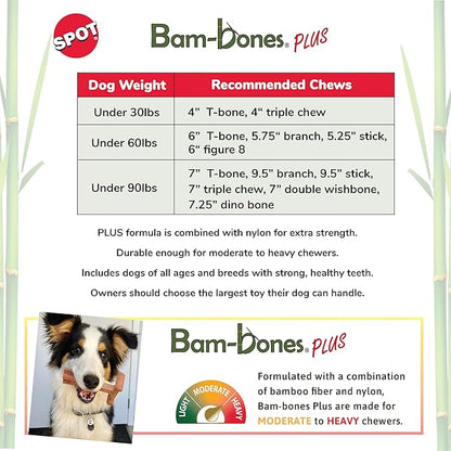 SPOT Bam-Bones Plus Triple Chew Dog Toy, Durable Bamboo Fiber & Nylon, for Aggressive Chewers, Adult Dogs & Teething Puppies Under 30lbs, 4in, Bison Flavor