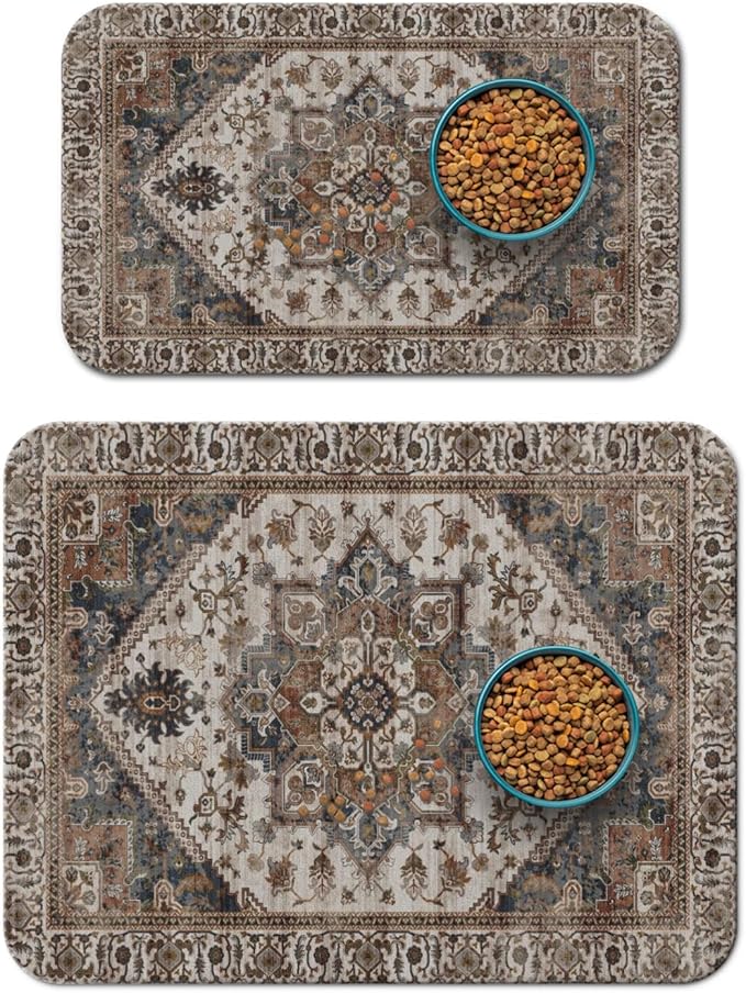 2 Pack Dog Food Mats for Floors, Absorbent and Quick-Drying Pet Cat Food Mat,Anti-Fouling and Easy-to-Clean Pet Feeding Mat,Dog Bowl Mat for Messy Drinking Water Bowls.12 x20+18"x24", Bohemia Style