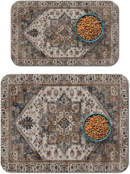 2 Pack Dog Food Mats for Floors, Absorbent and Quick-Drying Pet Cat Food Mat,Anti-Fouling and Easy-to-Clean Pet Feeding Mat,Dog Bowl Mat for Messy Drinking Water Bowls.12 x20+18"x24", Bohemia Style