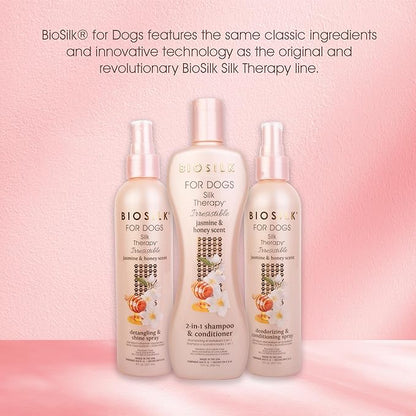 BioSilk for Dogs Silk Therapy Irresistible Detangling and Shine Spray, Jasmine and Honey Scent, Hydrolyzed Silk Proteins, Paraben Free, pH Balanced for Dogs, Safe for Dogs 8 Weeks+, 8 fl oz