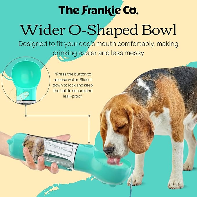 4 in 1 Dog Water Bottle, Leakproof Pet Water Dispenser with Bowl, Poop Bag Holder & Shovel, Dog Travel Accessories for Dogs and Cats, 10oz