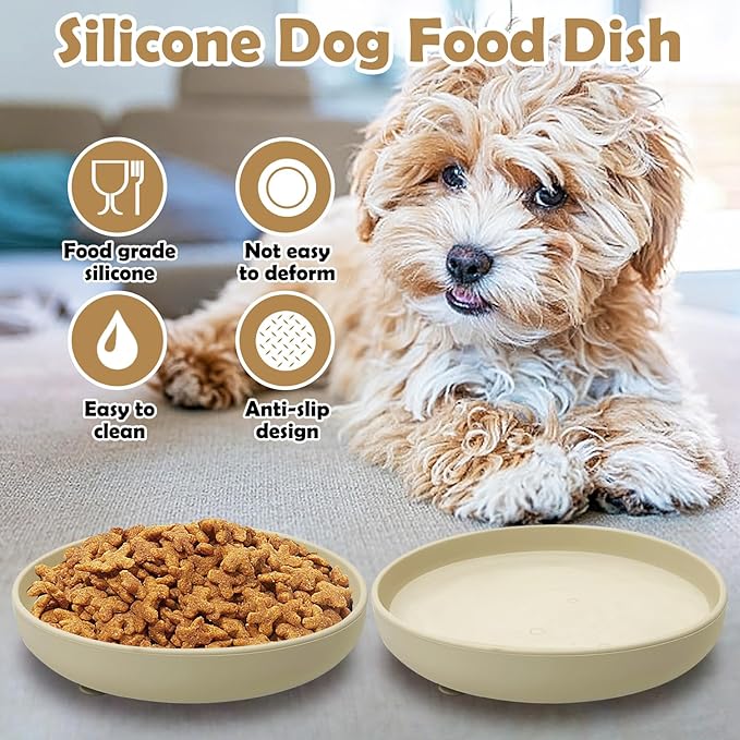 Silicone Dog Bowl Set of 2 Flat Puppy Food & Water Dish Less Mess Cat Dry Food Plates with Suction Cup Non-Tippable Feeding Bowls for Small & Medium-Sized Pets (Round Beige)