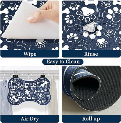 Dog & Cat Food Mat Bone Shaped Pet Feeding Mat Quick Absorb Water Bowl Placemat with Rubber Backing Indoor Floor Stain Resistant Pet Accessory Supplies (Blue, 17x29 Inches)