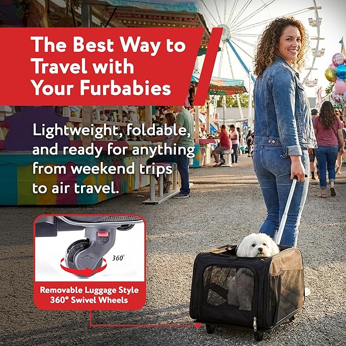 dbest products Rolling Pet Carrier with Wheels Airline Approved - TSA Dog Cat Carrier for Airplane Travel - Wheeled Pet Carrier 18x12x20 for Pets up to 24lbs - Collapsible Travel Bag