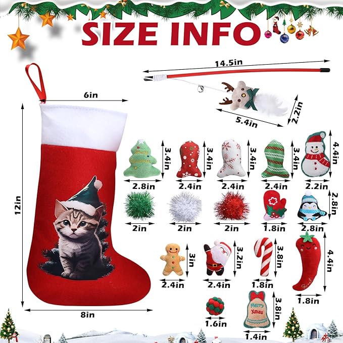 Syhood 18 Pcs Christmas Cat Stocking Toys Catnip Toys Set, Include Kitten Interactive Wand Toy Cat Chew Toy Teaser Wand Teething Mouse Santa Fish Ball Feather Toy Christmas Hanging Stocking for Pet