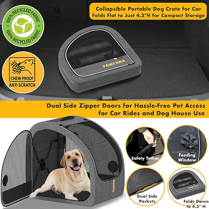 PAWZIDEA Portable Dog Crate for Car Travel, Collapsible Pet Travel Crates for Medium & Large Dogs, Enclosed Soft-Sided Car Kennel Carrier for Backseat, Secures w/Seatbelt & Headrest Strap, Chew-Proof