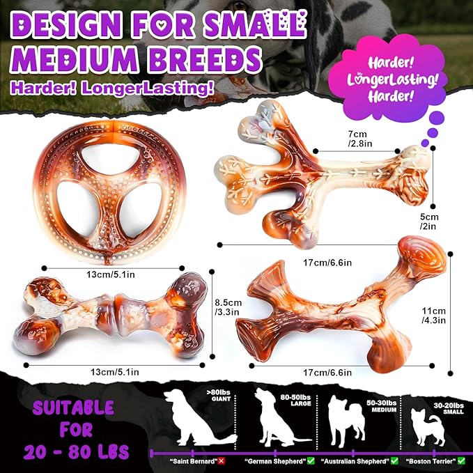 4 Pack Dog Chew Toys for Aggressive Chewers - Tough Indestructible Dog Toys with Bacon Flavor- Durable Nylon Bones Toy for Small Medium Large Breed - Puppy Gifts