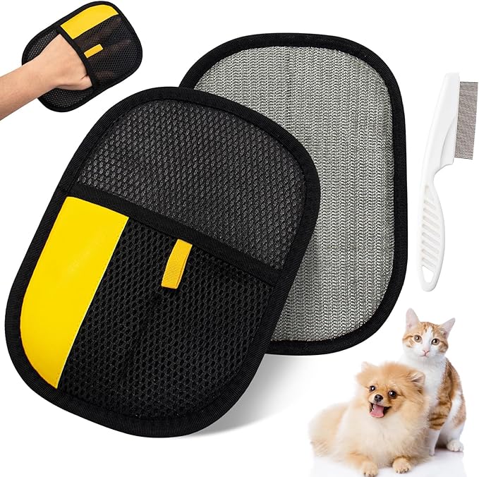 Pet Hair Removal Glove for Cats & Dogs, Upgraded Electrostatic Pet Fur Remover Gloves with a Fine-Tooth Comb Brush, Reusable Hair Removal Tool for Fabric Surface Couch, Car Seat (9.45" x 6.69")