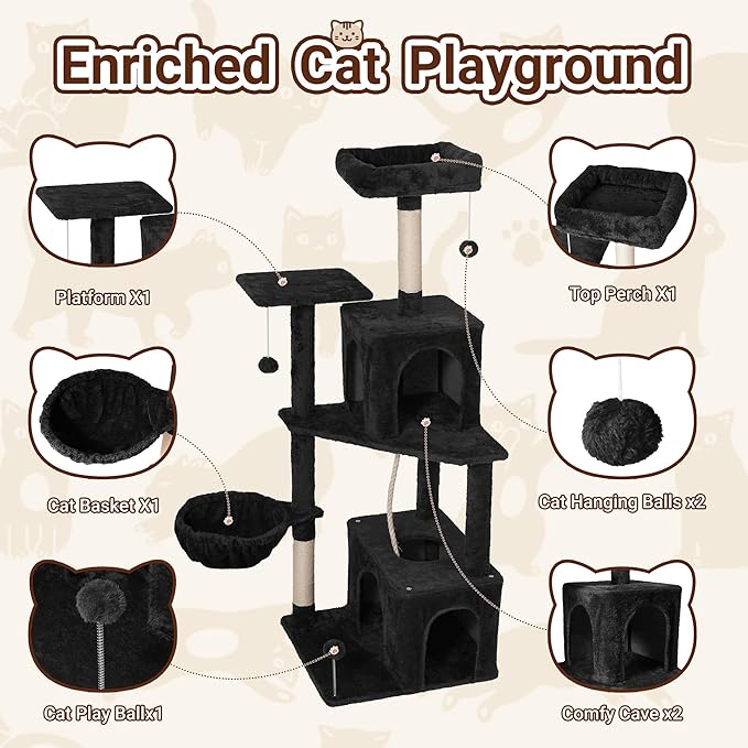 54 Inch Multi-Level Cat Tree Tower with Hammock, Condos & Scratching Posts, Large Cat Furniture for Indoor Cats with Pompoms, Black