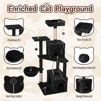 54 Inch Multi-Level Cat Tree Tower with Hammock, Condos & Scratching Posts, Large Cat Furniture for Indoor Cats with Pompoms, Black