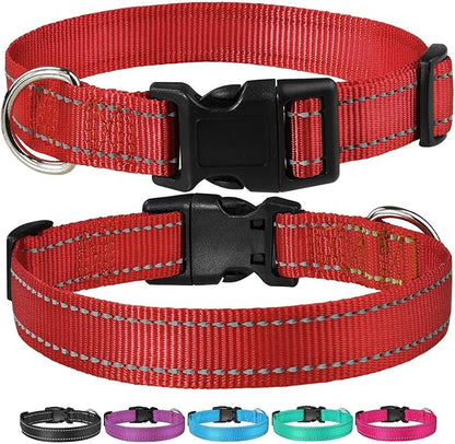 Reflective Dog Collar with Buckle Adjustable Safety Nylon Collars for Small Medium Large Dogs, Red XS