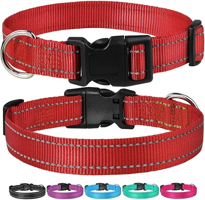 Reflective Dog Collar with Buckle Adjustable Safety Nylon Collars for Small Medium Large Dogs, Red M