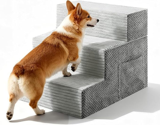 Dog Stairs for Small Dogs, 3-Step Dog Ramp for Bed 13.7" H, Dogs Steps for Bed, Couch, Pet Stairs with Non-Slip Bottom Design,High Density Foam Portable Pet Steps, Light Grey