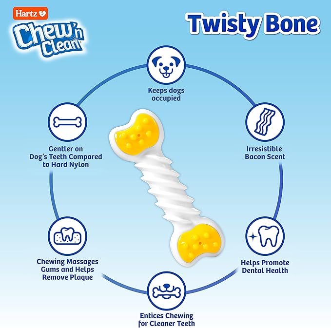 Hartz Chew ‘n Clean Twisty Bone Dog Chew Toy, Bacon Scented Chew Toy for Moderate Chewers, Small/Medium, Color Varies (Pack of 2)