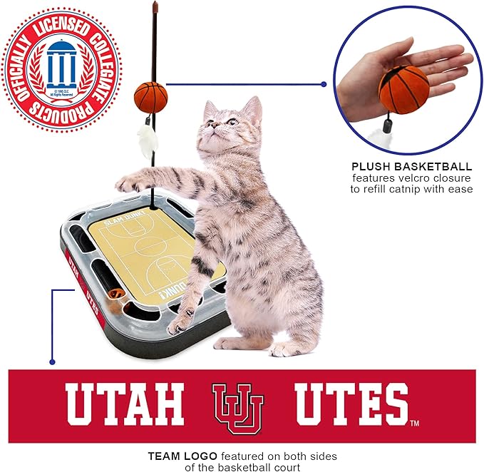 CATS SCRATCHER NCAA Utah Utes Basketball Court CAT Scratcher Toy with Catnip Filled Plush Basketball Toy & Feather Cat Toy Hanging, with Jingle Bell Interactive Ball Cat Chasing 5-in-1 Kitty Toy