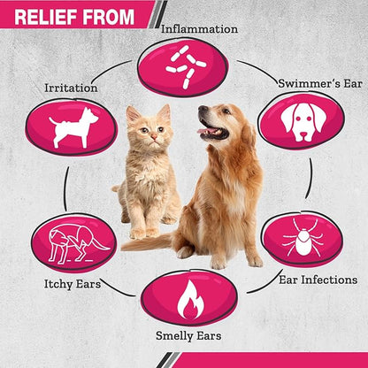Truseb Maximum Strength Dog Ear Infection Treatment Flush, Cat & Dog Ear Cleaner Solution Medicated with Chlorhexidine & Ketoconazole Helps with Ear Itching Redness Swelling (12 oz)
