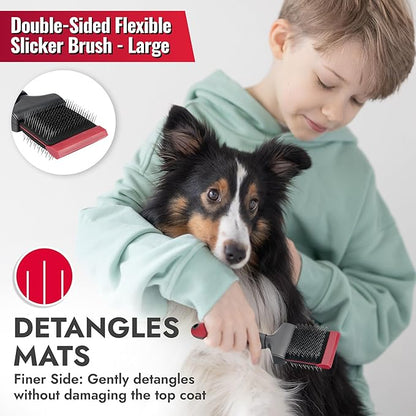 KONG Double-Sided Flexible Slicker Brush – De-Shedding & Detangling Tool, Padded Grip, Long Metal Pins, Flexible Head, for Medium to Large Dogs with Medium to Long Coats, Red/Gray