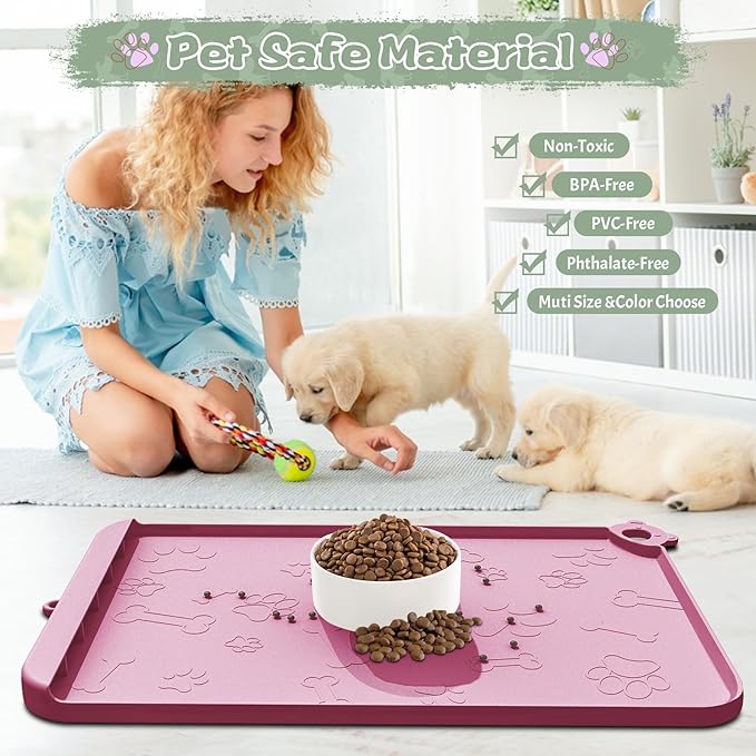 Dog Food Mat, Silicone Dog Mat for Food and Water -Pet Feeding Mats with Residue Collection Pocket, Waterproof Dog Cat Bowl Mats with Raised Edges and Hooks, Placemats for Cats and Dogs Water Bowl