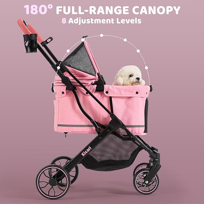 All-Terrain Dog Stroller for Small to Medium Dogs, Pet Stroller for Dogs & Cats Outdoor Walks, One-Hand Easy Fold, Double-Layer Anti-UV & Waterproof Canopy & Breathable Mesh, Sakura Pink