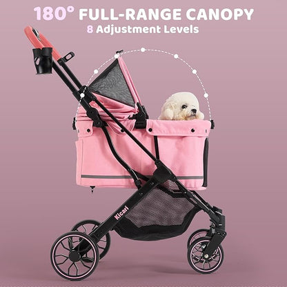 All-Terrain Dog Stroller for Small to Medium Dogs, Pet Stroller for Dogs & Cats Outdoor Walks, One-Hand Easy Fold, Double-Layer Anti-UV & Waterproof Canopy & Breathable Mesh, Sakura Pink
