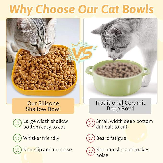 Fhiny 2PCS Silicone Cat Bowls Set 7.1 x 7.1 in Shallow Dog Dish Whisker Friendly Cat Food Plate for Dry & Wet Food Dishwasher Safe Non-Slip Pet Feeding Bowls for Kittens and Puppies (Yellow)