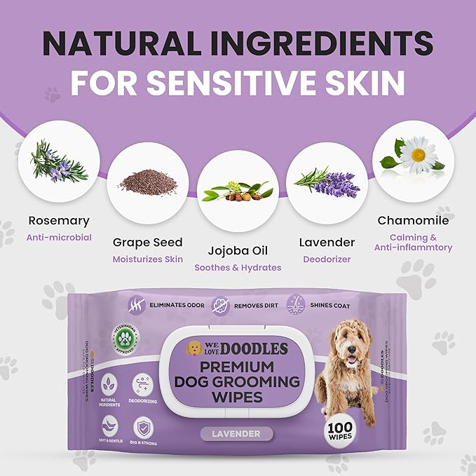 We Love Doodles Dog Wipes - Deodorizing & Cleaning Pet Wipes, for Coat, Face, Paws, Butt, & Body, Dog Essentials & Grooming Supplies, Made in USA, Lavender (100 Count)
