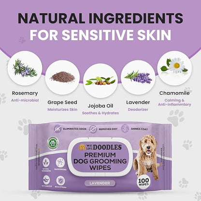 We Love Doodles Dog Wipes - Deodorizing & Cleaning Pet Wipes, for Coat, Face, Paws, Butt, & Body, Dog Essentials & Grooming Supplies, Made in USA, Lavender (100 Count)