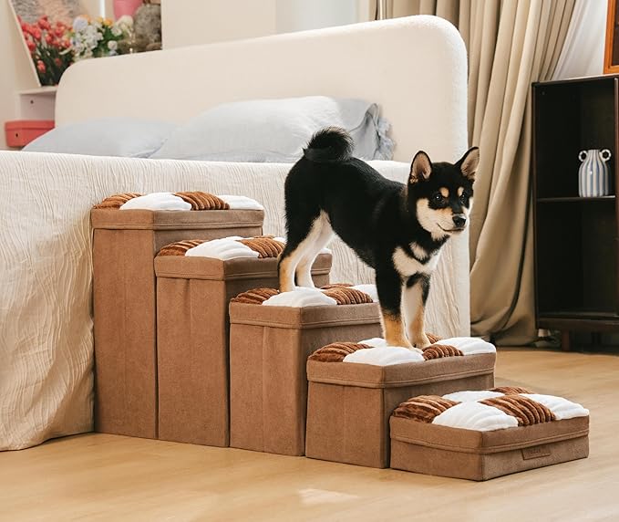 FUNNYFUZZY Dog Stairs for Small Dogs - 5 Steps Chessboard Plaid Handcrafted Dog Stairs with Storage - Multifunctional and Foldable, Brown