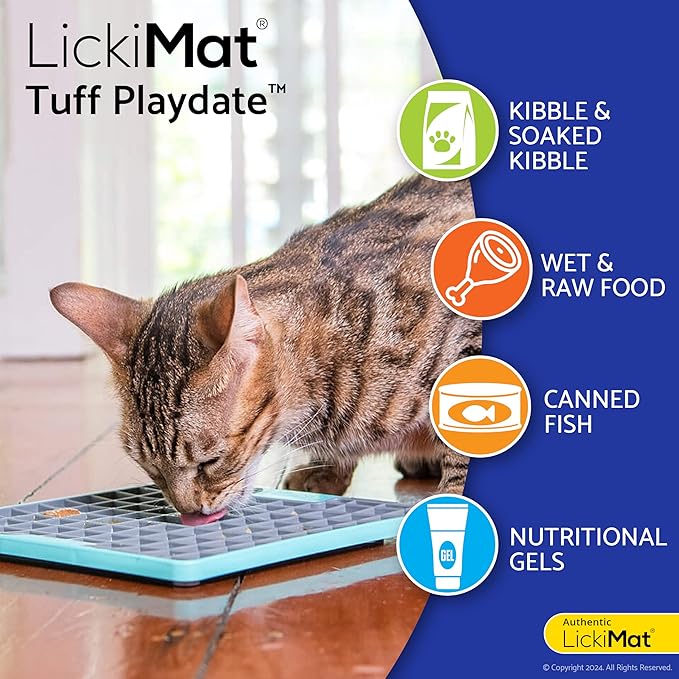 LickiMat Tuff Cat, Heavy-Duty Playdate, Cat Slow Feeder Lick Mat, Boredom Anxiety Reducer; for Food, Treats, Yogurt, or Peanut Butter. Fun Alternative to a Slow Feed Cat Bowl or Dish, Turquoise