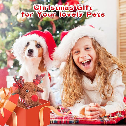 Christmas Dog Toys, Squeaky Dog Toys with Crinkle Paper, Interactive Plush Puppy Chew Toys, Cute Reindeer Dog Funny Toys, Dog Gifts for Small, Medium, Large Breed