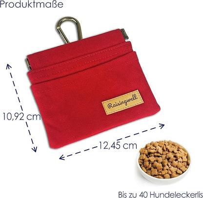Raisingwell Dog Treat Pouch, Red Pocket Sized Pet Training Pouch, Cotton Fabric, Hand Free Dog Walking Bag with Carabiner, Self-Closing Pet Feed Snack Reward, for Puppy Travel or Outdoor Use
