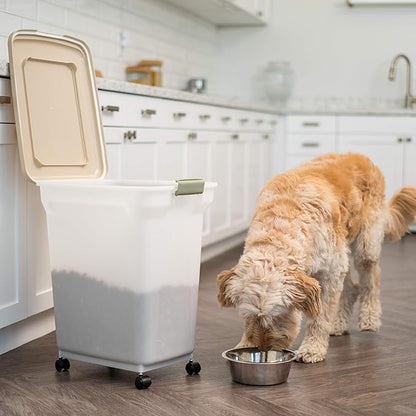 IRIS USA Airtight Dog Food Storage Container, WeatherPro, Up to 40 lbs, Removable Wheels, for Dog Cat Bird and Other Pet Food Storage Bin, Keep Fresh, Translucent Body, Made in USA, Clear/Almond