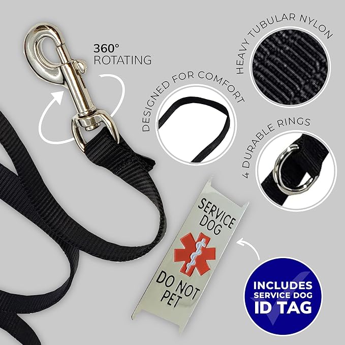 ActiveDogs Hands Free Leash - 7ft Crossbody, Service Dog Leash with Chrome 'Service Dog Do Not Pet' Tag - Strong 3/4" Nylon, Double Stitched, Black