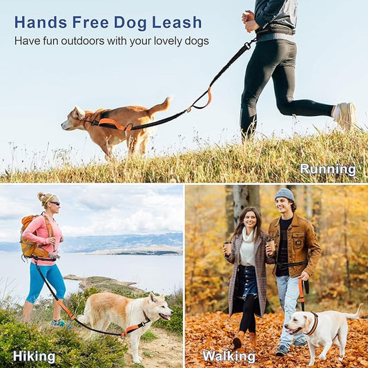Hands Free Dog Leash - Dog Collar with Adjustable Waist Belt, 2 Bungees Shock Absorbing, Dual Handles for Walking Running Jogging, Reflective Knitted