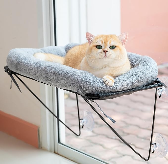 ROOVE Cat Window Perch – Luxury Cozy Hammock with Ultra-Soft Cover, Sturdy Metal Frame & 4 Strong Suction Cups, Durable Window Bed for Large Indoor Cats & Kittens to Lounge, Rest, and Observe (Grey)