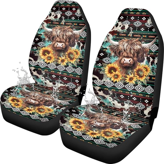 Car Seat Covers Waterproof Vintage Aztec Highland Cow Front Seat Covers Elastic Fabrics Easy Installation Protection Interior Accessories Suitable for Cars, SUV and Trucks