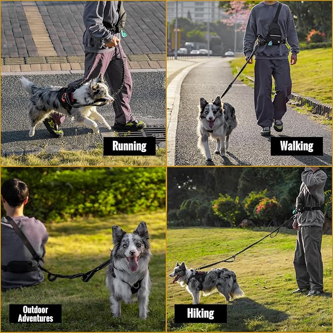 OneTigris Hands Free Dog Leash, Waist Leash for Dog Walking with Detachable Chest Bag, Thickened Mesh Lumbar Support and Durable Bungee Straps, Running leashs for Medium Large Dogs