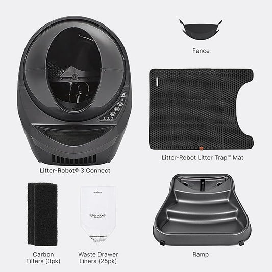 Litter-Robot 3 Connect Core Bundle by Whisker, Grey - Includes Automatic, Self-Cleaning Litter Box, LitterTrap Mat, Fence, Ramp, 25 Liners, 3 Carbon Filters & WhiskerCare 1-Year Warranty