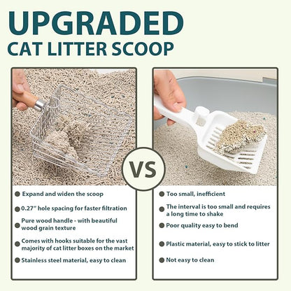 Cat Litter Scoop, Kitty Metal Scooper with Hook and Hole, Stainless Steel Kitten Poop Lifter for Litter Box, Non Stick, Durable and Heavy Duty Sifter for Easy Clean