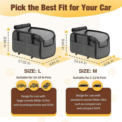 YUDODO Large Dog Car Seat for Center Console (Width＞9.5in) Fits 10-18lbs, Anti-Slip Puppy Cat Travel Portable Booster Seat, Luxury Pet Car Bed Carseat PU Leather Gray