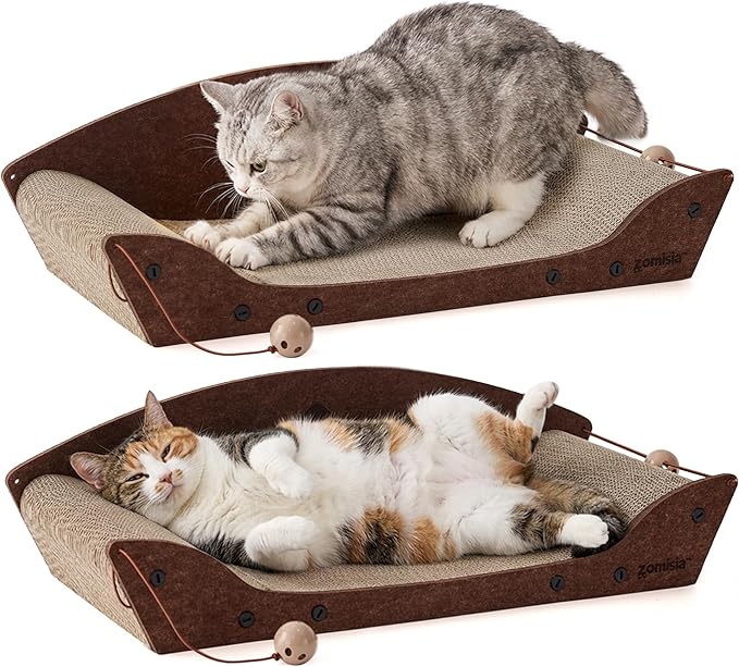 2 Pack 26'' Cardboard Cat Scratcher Bed - Large Scratcher Couch for Indoor Cats, Orthopedic Scratching Board, Lounger Scratching Couch with Bells